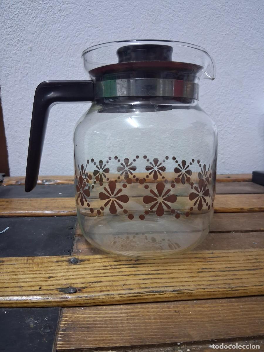 Antig&uuml;edades: Jarra de cocina para el cafe cafetera o tetera vino ponche cristal vintage a&ntilde;os 70 dise&ntilde;o floral