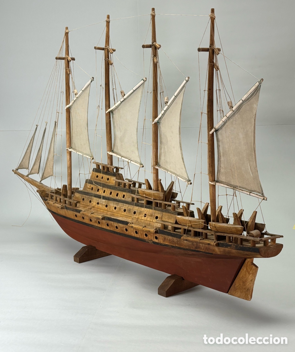 Antig&uuml;edades: ANTIGUA MAQUETA NAVAL DE VELERO DE 4 M&Aacute;STILES &ndash; BARCO DE MADERA Y VELAS &ndash; GRAN TAMA&Ntilde;O