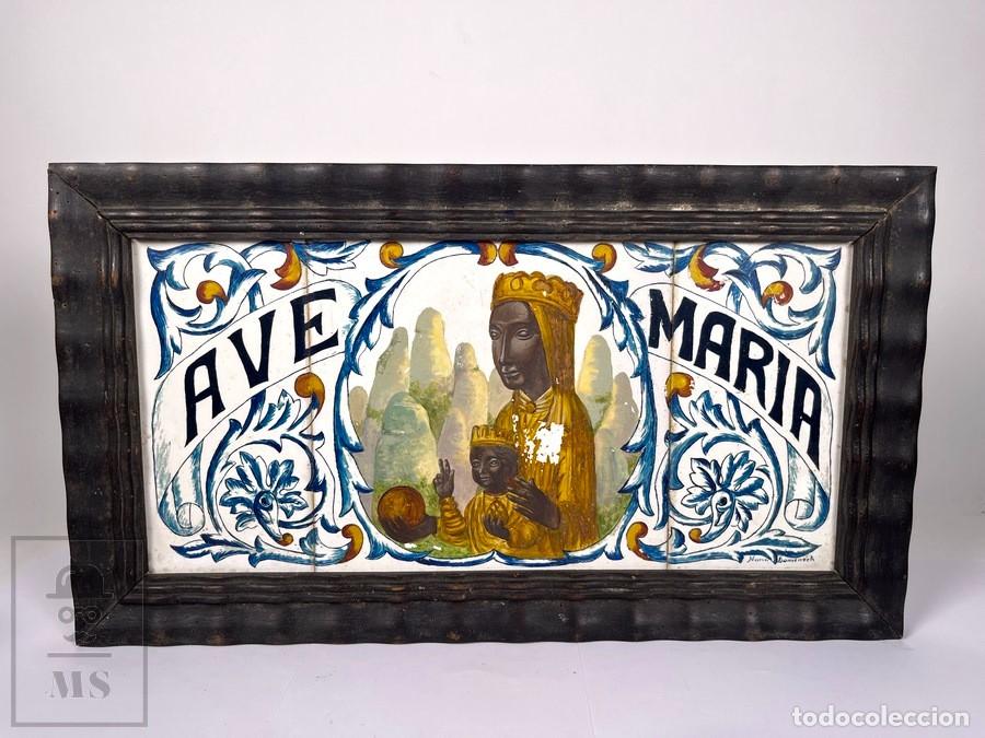 Antig&uuml;edades: Cuadro con 3 Azulejos de Cer&aacute;mica / Rajolas - Virgen de Montserrat / Moreneta - Nuria Domenech