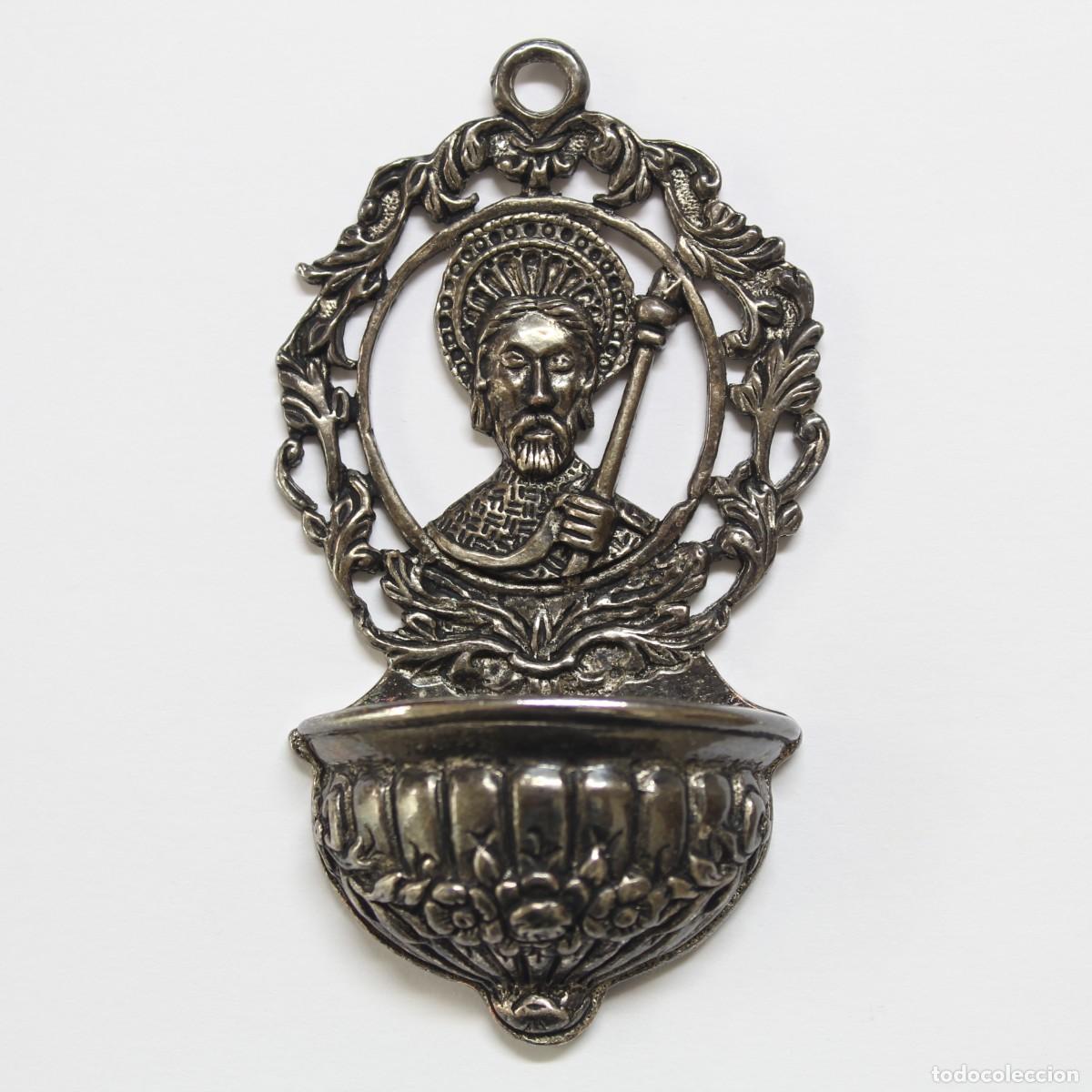 Antig&uuml;edades: Benditera Santiago Ap&oacute;stol Metalica Vintage Pila Agua Bendita Religiosa 8,7cm
