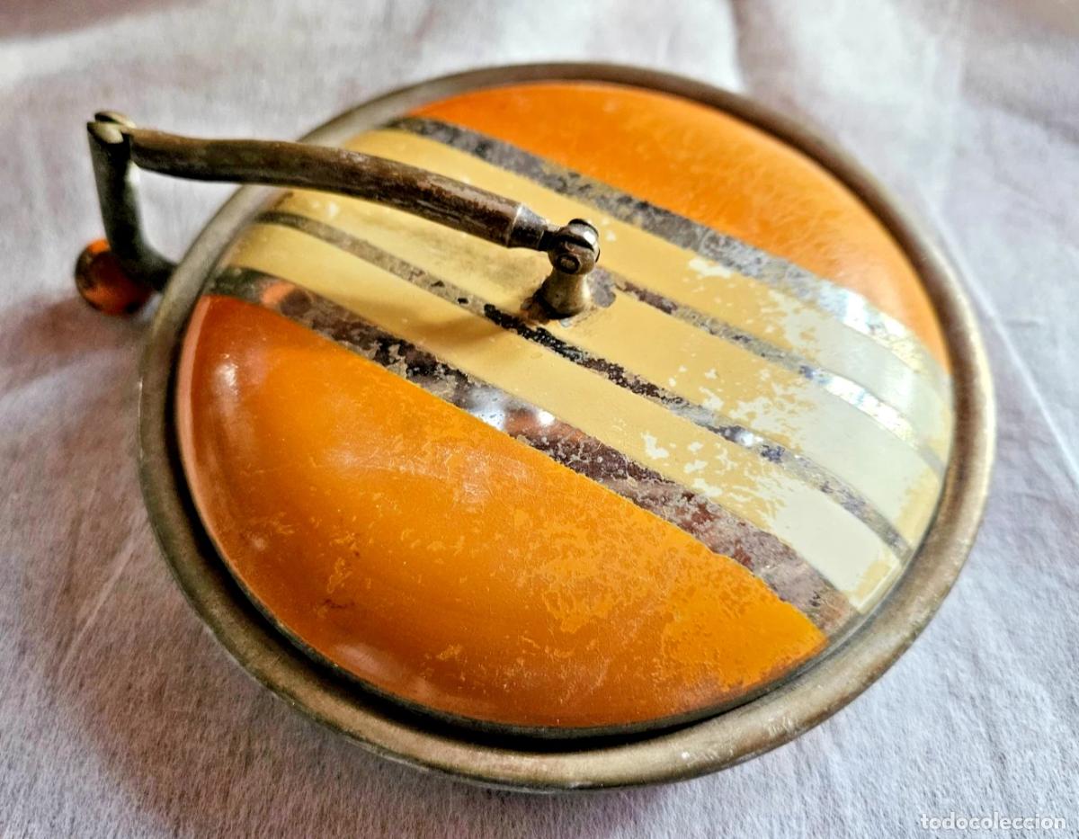 Antig&uuml;edades: ART DECO RARE POUDRIER ROND BOITE A FARD AVEC SON BRAS ARTICUL&Eacute; EN METAL LAQU&Eacute;