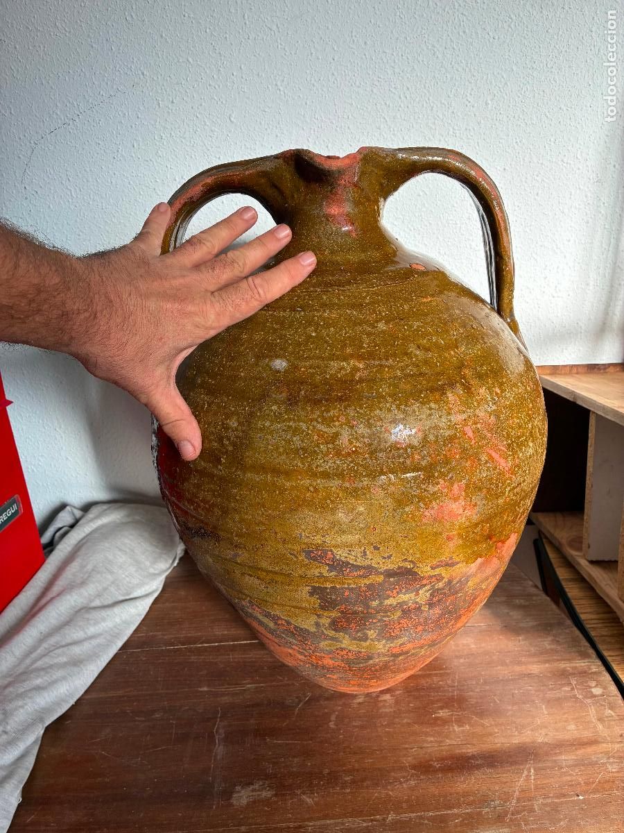 Antig&uuml;edades: Aceitera alcuza botija cantara cer&aacute;mica antigua popular antigua esmalte verdoso dos asas mide 40x34