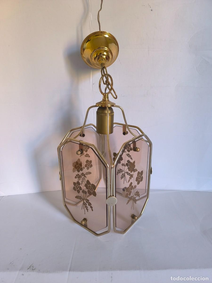 Antig&uuml;edades: L&aacute;mpara colgante vintage dorada con cristal floral