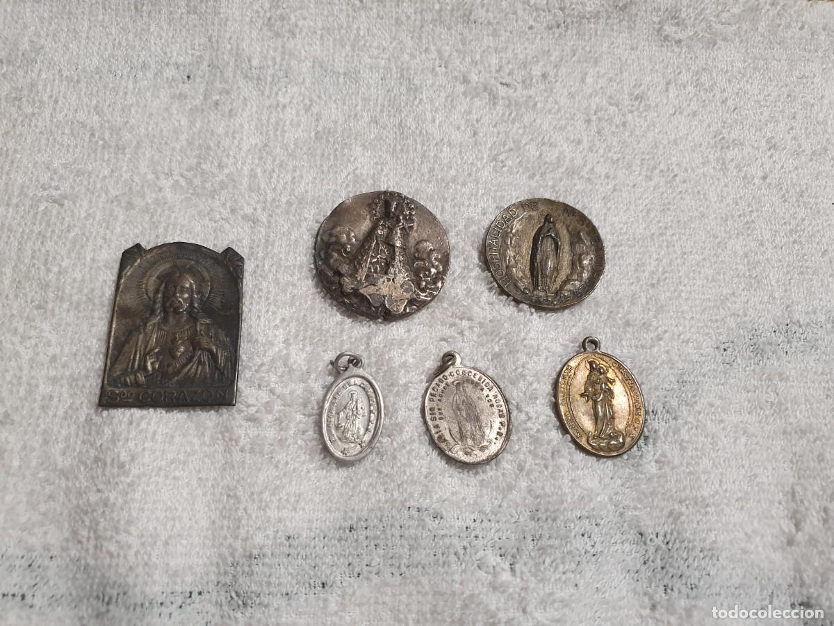 Antig&uuml;edades: 6 peque&ntilde;as medallas antiguas religiosas San Luis Gonzaga, Sdo. Coraz&oacute;n, etc