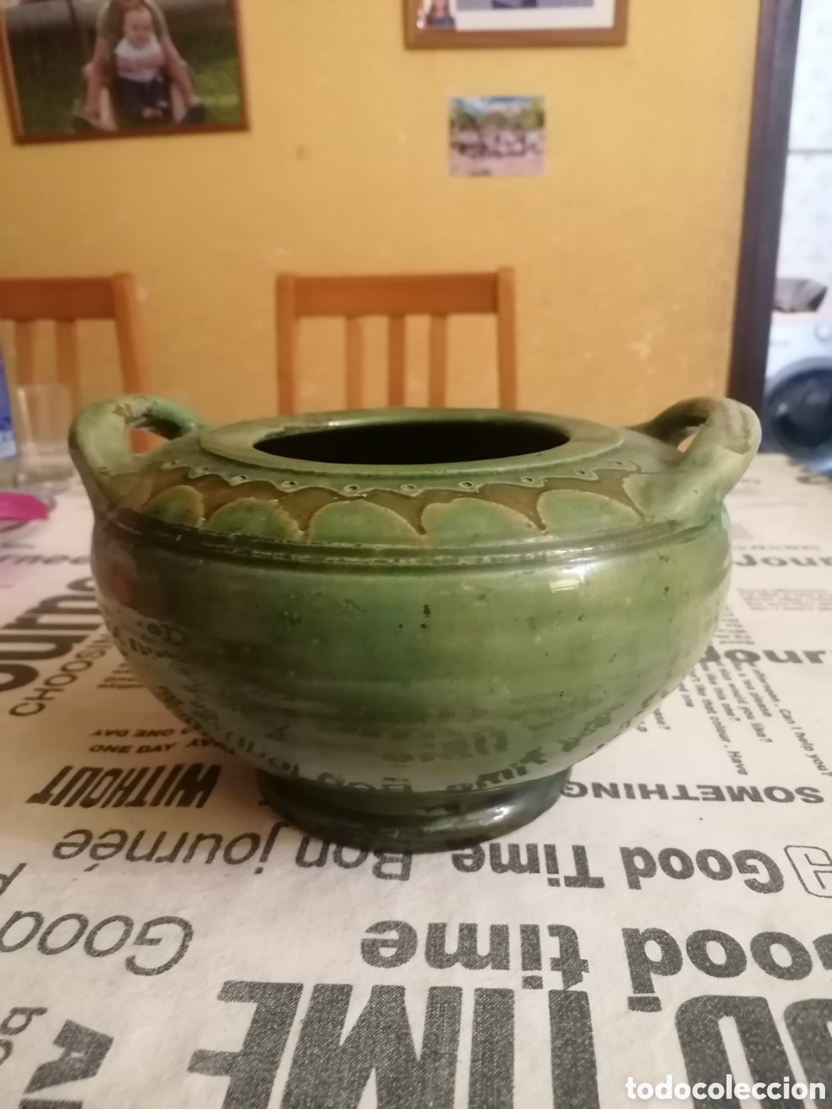 Antig&uuml;edades: Jarr&oacute;n Barro Esmaltado Verde Antiguo Dos Asas R&uacute;stico