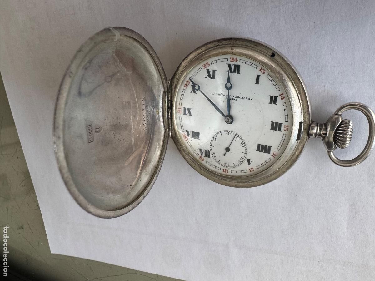 Antig&uuml;edades: Reloj de bolsillo de plata carga manual Cr&oacute;nometro Escasany Suisse