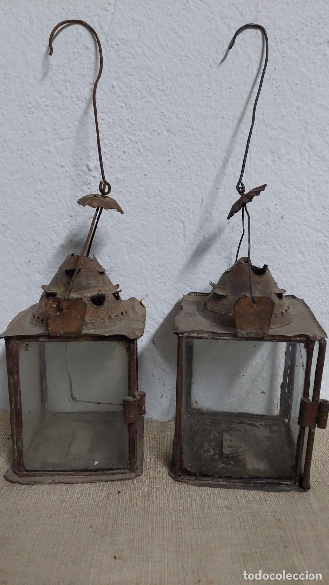 Antig&uuml;edades: Antigua pareja de faroles en hojalata y cristal