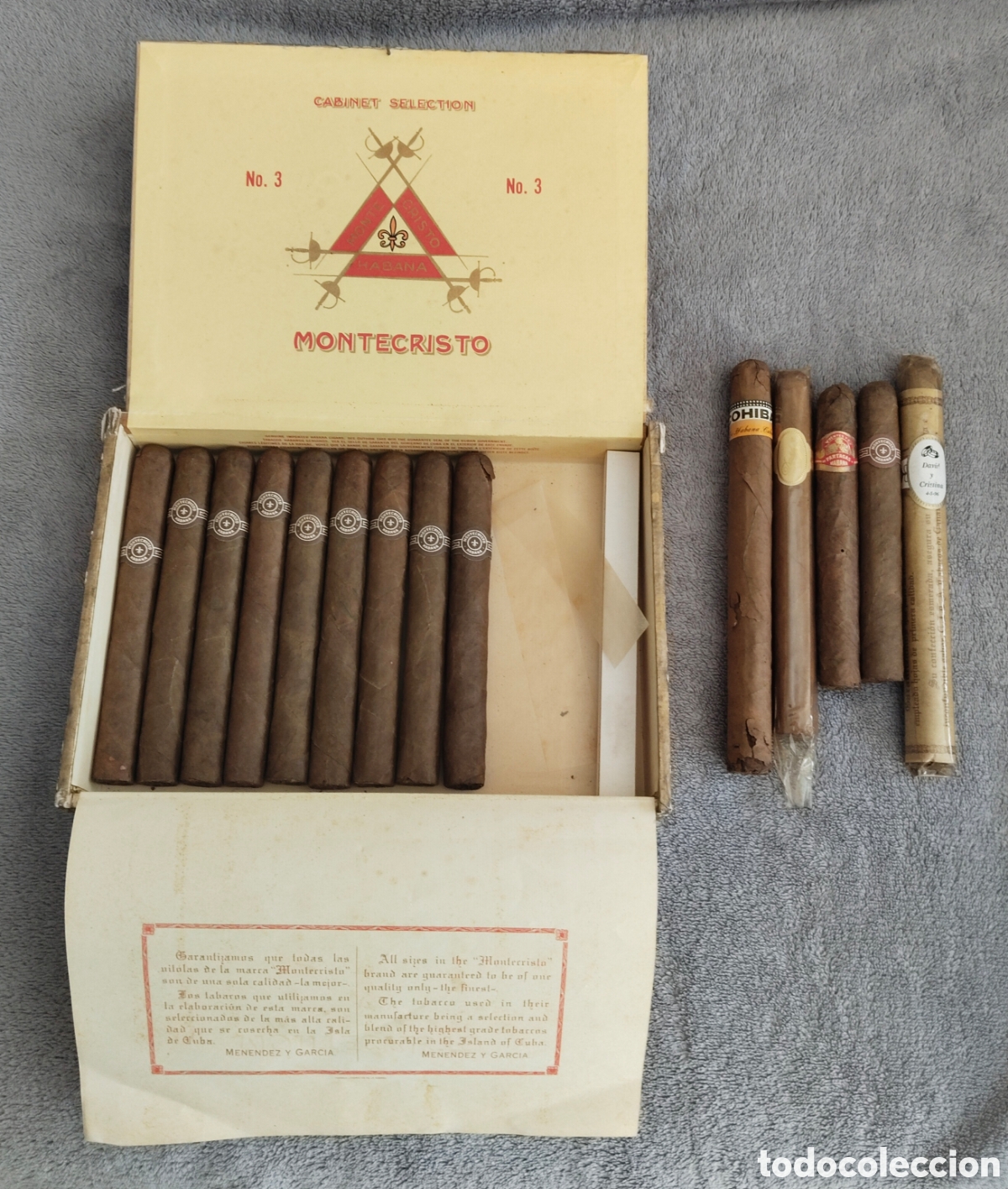 Antig&uuml;edades: ANTIGUA CAJA PUROS HABANOS MONTECRISTO 3 CON 9 CIGARROS Y MAS DAVIDOFF, COHIBA