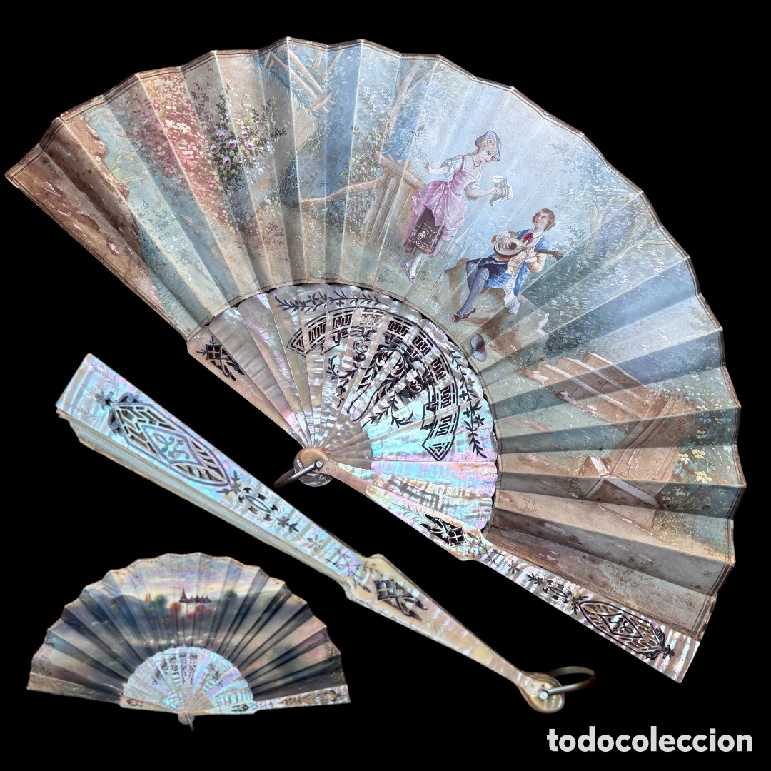 Antig&uuml;edades: EXCEPCIONAL ABANICO DE LUJO BELLE &Eacute;POQUE (C. 1880) - N&Aacute;CAR TALLADO, SEDA PINTADA A MANO