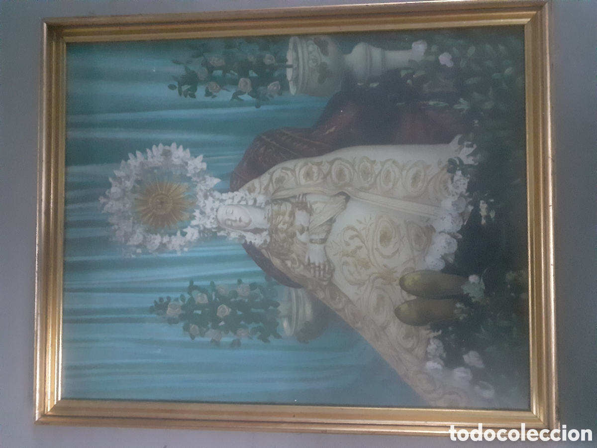 Antig&uuml;edades: ANTIGUA IMPRESI&Oacute;N VIRGEN DEL TR&Aacute;NSITO. SOBRE TEXTIL. ENMARCADA.