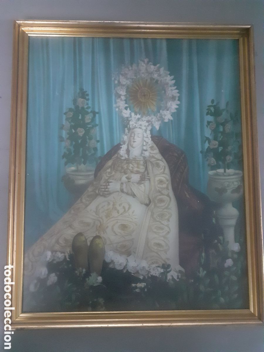 Antig&uuml;edades: ANTIGUA IMPRESI&Oacute;N VIRGEN DEL TR&Aacute;NSITO. SOBRE TEXTIL. ENMARCADA.