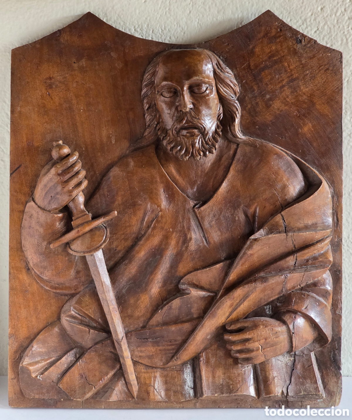 Antiquit&eacute;s: Antigua Talla de Madera en Relieve San Pablo con Espada y Libro - Decoraci&oacute;n Religiosa - Sant Pau