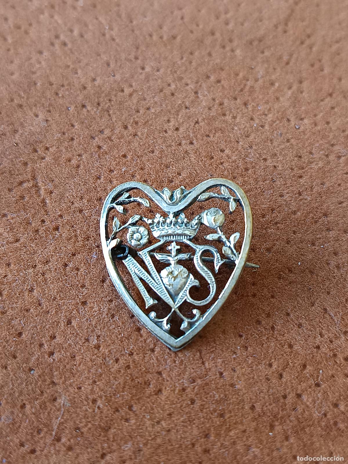 Antig&uuml;edades: ANTIGUA Y BONITA MEDALLA RELIGIOSA,BROCHE SAGRADO CORAZON, N S, METAL PLATEADO