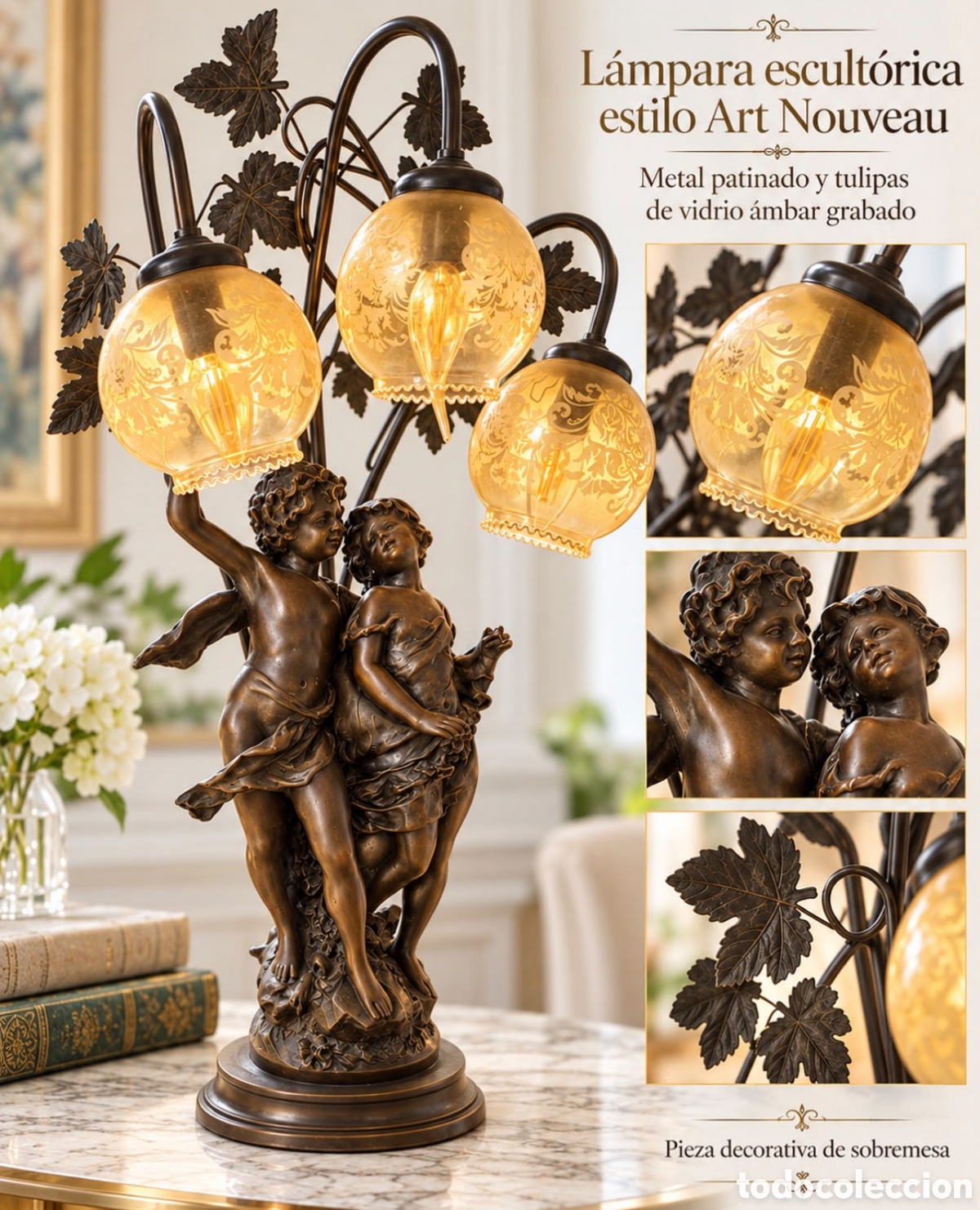 Antig&uuml;edades: L&aacute;mpara Escult&oacute;rica de Sobremesa Estilo Art Nouveau &ndash; 3 Luces Vidrio &Aacute;mbar