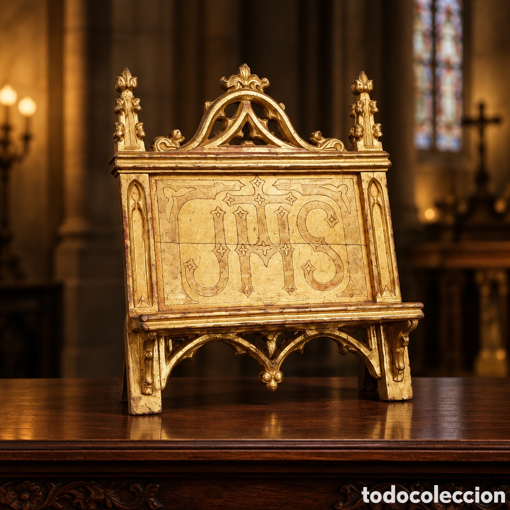Antig&uuml;edades: IMPONENTE ATRIL ICLESIASTICO ESTILO NEOGOTICO .SIGLOXIX. MADERA Y PAN DE ORO .