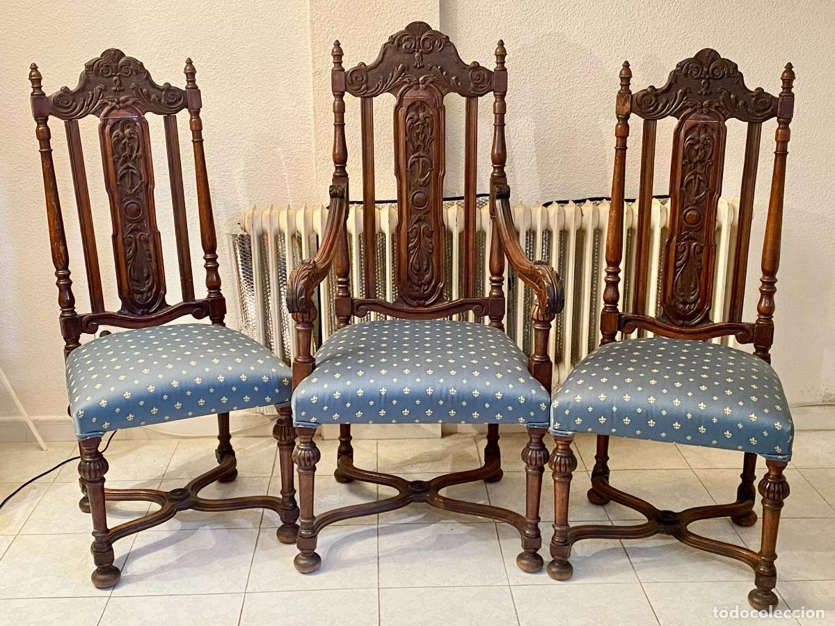Antig&uuml;edades: Sill&oacute;n y 2 sillas tapizadas y labradas, finales XIX
