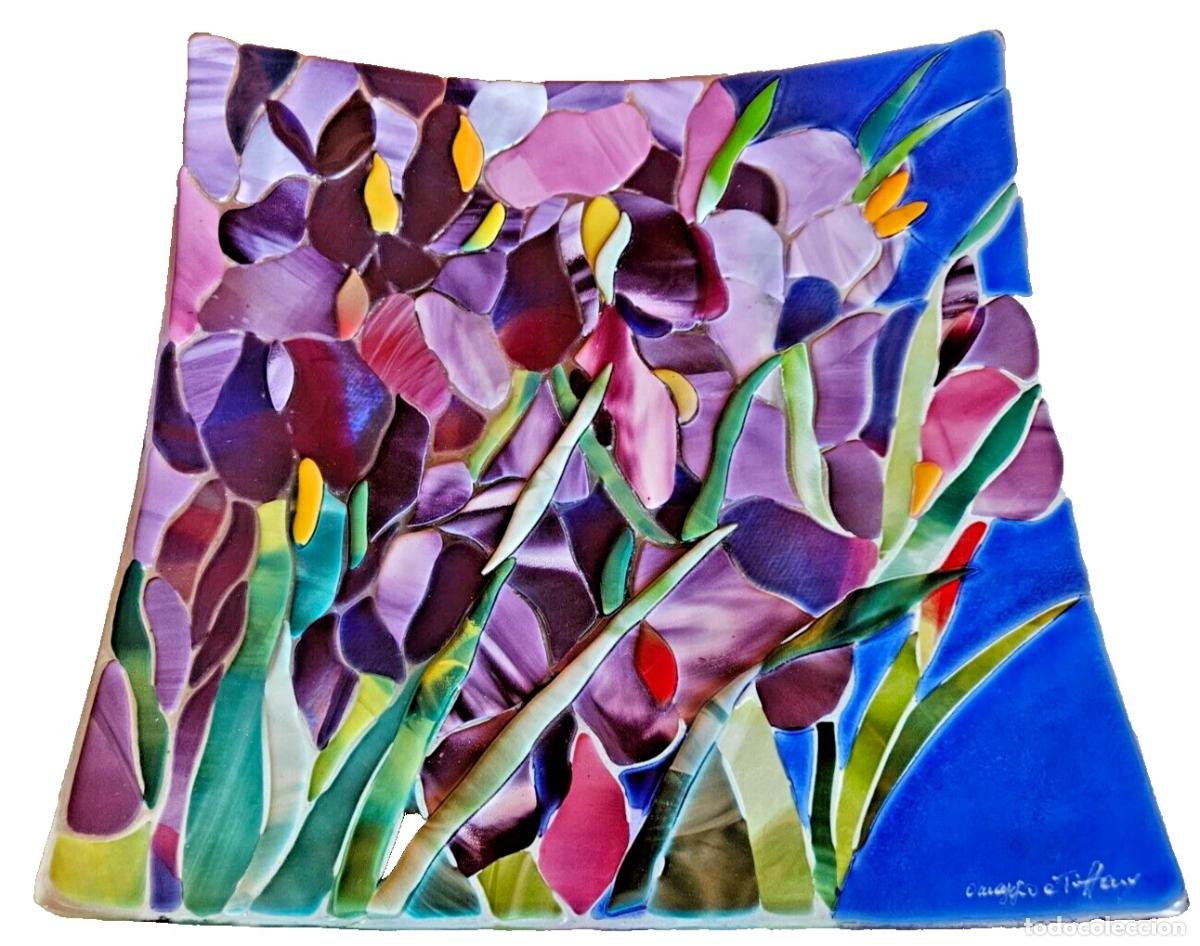 Antig&uuml;edades: GRAND PLAT VERRE POLYCHROME MURANO SIGN&Eacute; OMAGGIO A TIFFANY PAR CARLO MORETTI DECOR IRIS