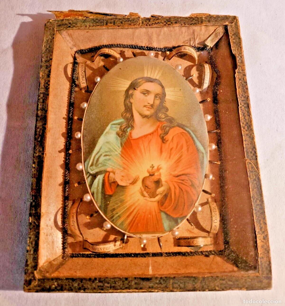 Antig&uuml;edades: RELIQUAIRE CADRE COEUR DE JESUS STES RELIQUES AGNUS DEI ST SAUVEUR ST PACIFIQUE COLETTE STE CLAIRE..