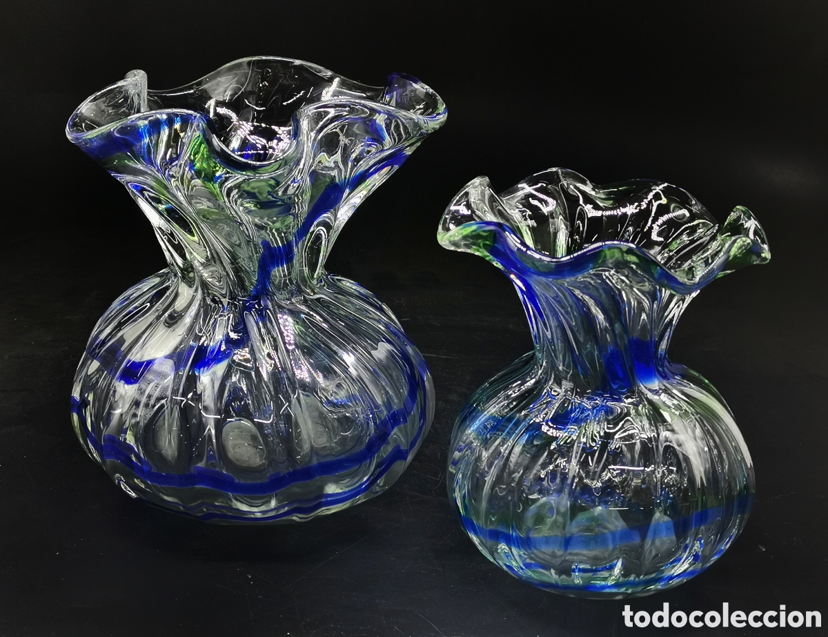 Antig&uuml;edades: EXCELENTE PAREJA DE JARRONES ANTIGUOS DE CRISTAL DE MURANO