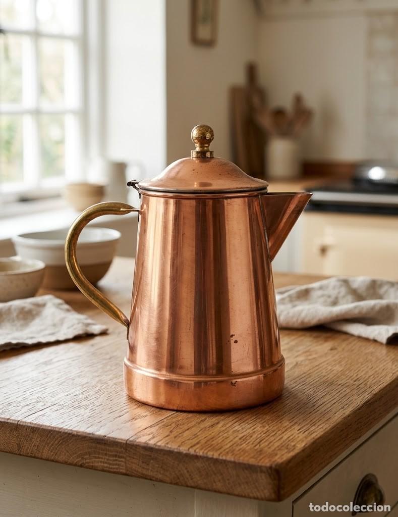 Antig&uuml;edades: Tetera cafetera en cobre antiguo. 1,5 L. Pieza tradicional