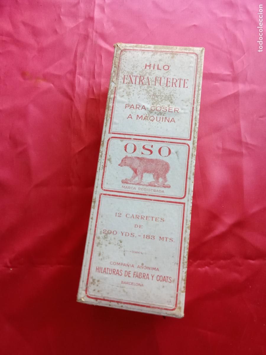 Antig&uuml;edades: Caja antigua hilo extra fuerte oso. Caja t&eacute;cnica