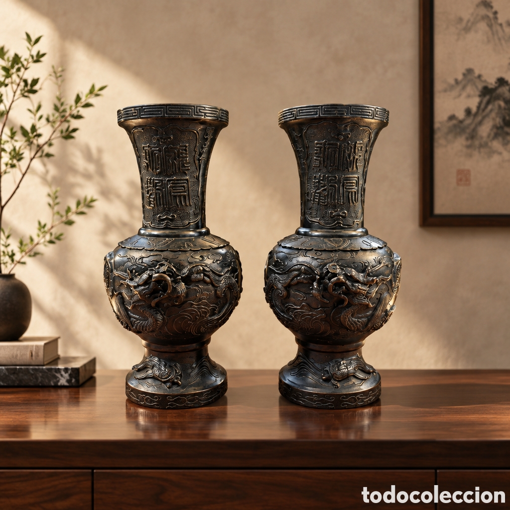 Antig&uuml;edades: ANTIGUA PAREJA DE JARRONES JAPON&Eacute;S DECORADOS CON DRAGONES Y AVE FENIX.SIGLO XIX.
