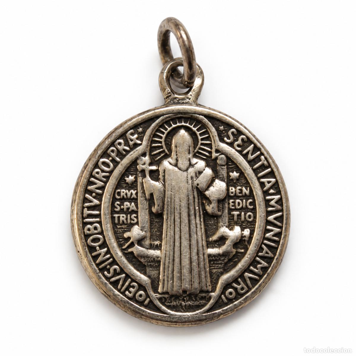 Antig&uuml;edades: Medalla religiosa plata San Benito y Cruz Religiosa catolica Benedictina 17mm