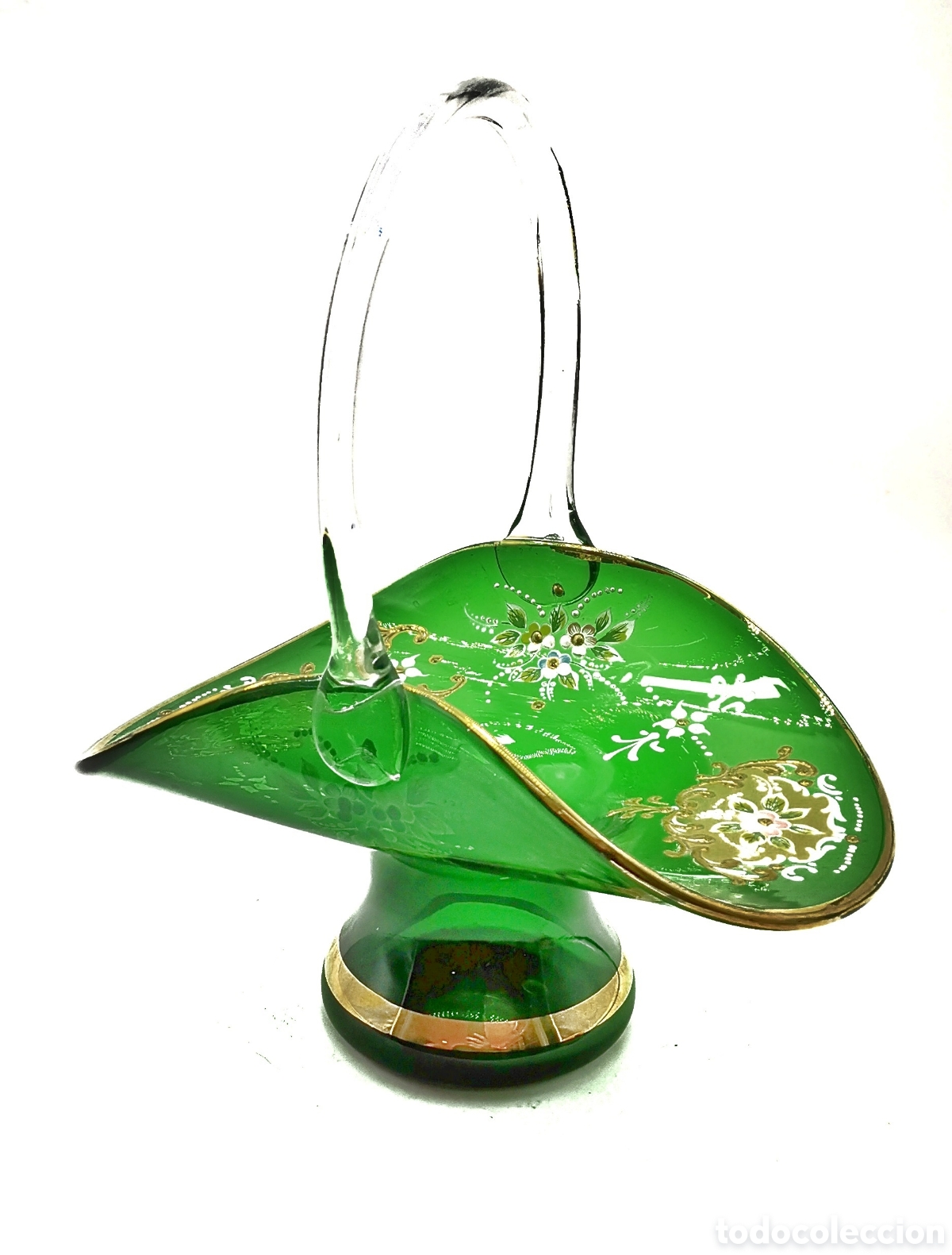 Antig&uuml;edades: PRECIOSA CESTA DE CRISTAL VENECIANO VERDE ESMERALDA ELABORACION DETALLADA