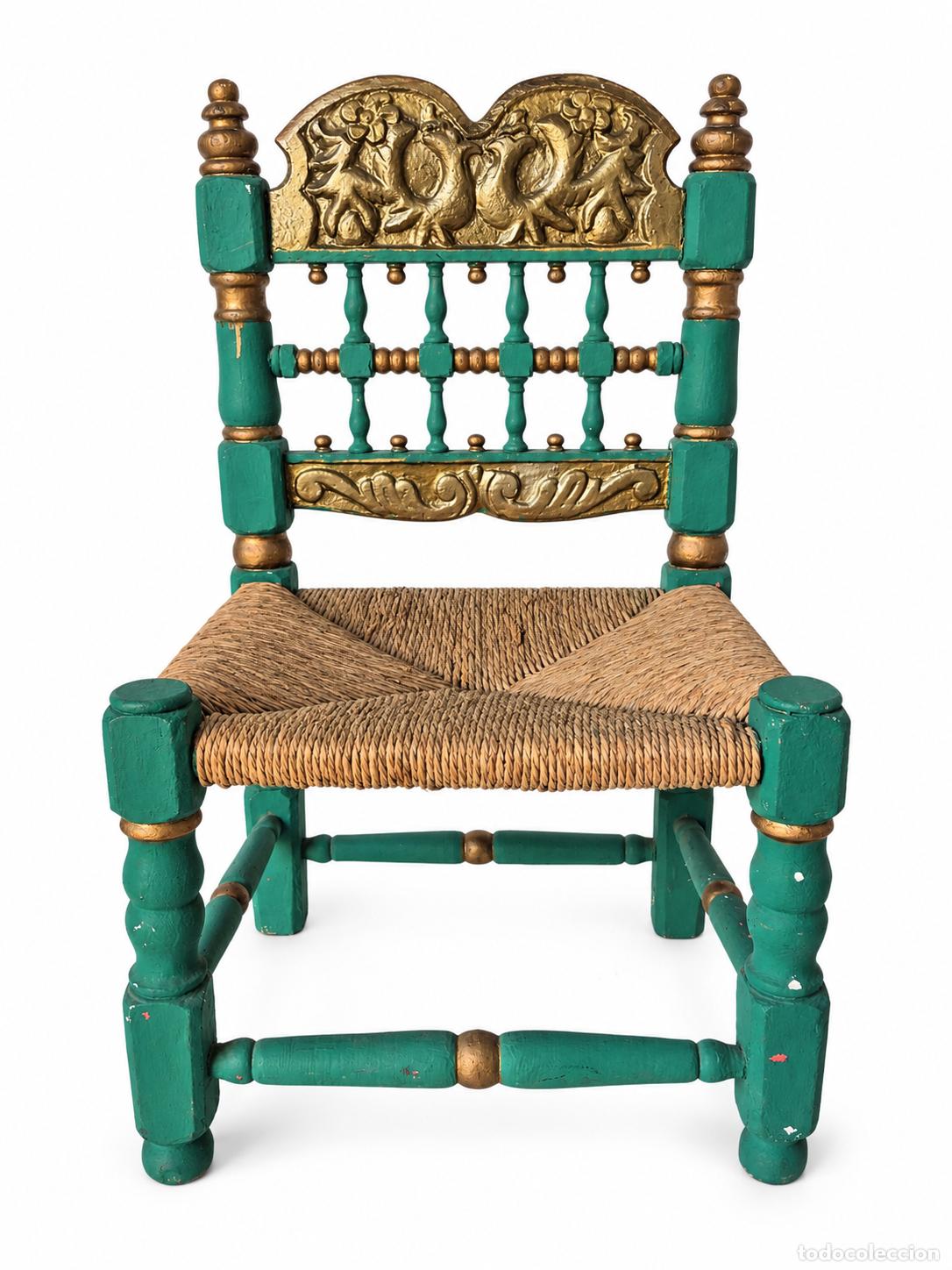 Antig&uuml;edades: Antigua Silla Catalana - Madera Policromada y Dorada - Tapicer&iacute;a en Enea - S. XIX
