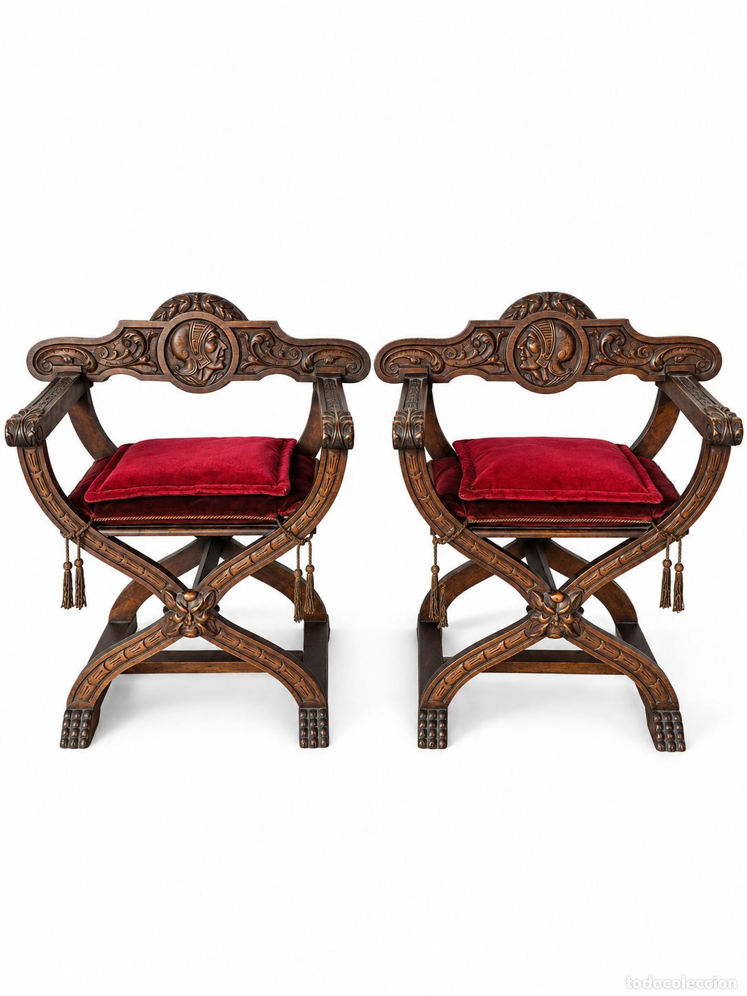 Antig&uuml;edades: Pareja de Sillones Jamugas - Silla Estilo Renacimiento - Talla en madera de Haya