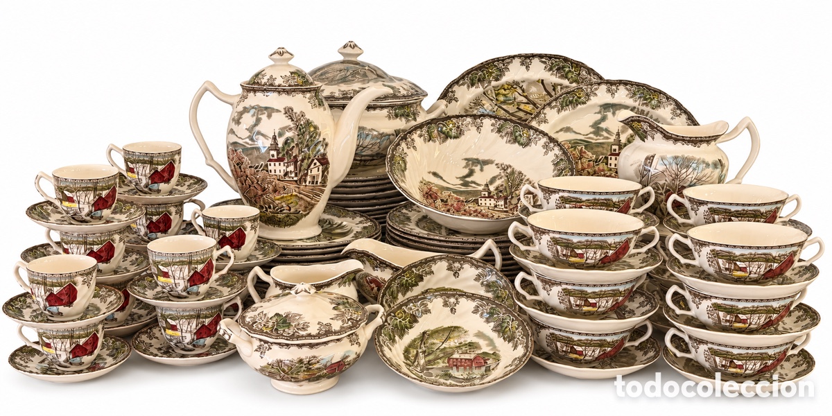 Antig&uuml;edades: Vajilla completa 12 comensales &ldquo; The Friendly Village&rdquo; by Johnson Bros Inglaterra 1953- 1970&rsquo;s