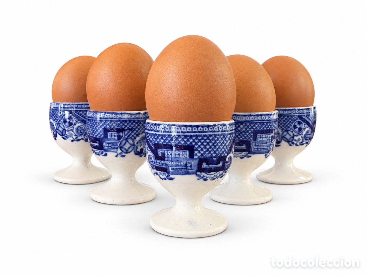 Antig&uuml;edades: Set de 6 hueveras inglesas Blue Willow Pattern Inglaterra mediados S.XX