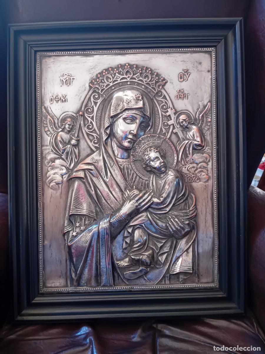 Antig&uuml;edades: Virgen del Perpetuo Socorro siglo XIX plancha de cobre troquelada y plateada