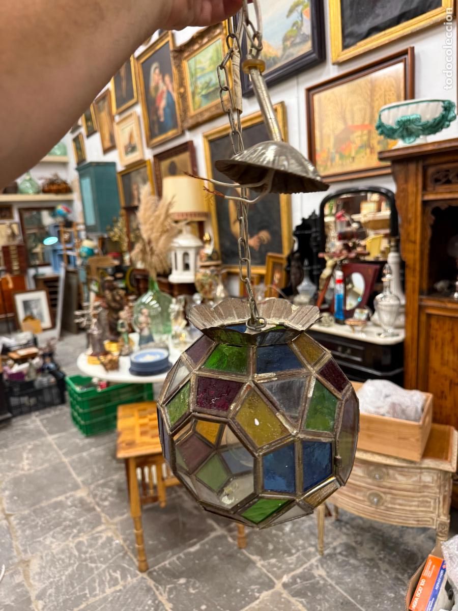 Antig&uuml;edades: ANTIGUA LAMPARA GRANADINA CON CRISTAL DE COLORES - MEDIDA BOLA 23 CM