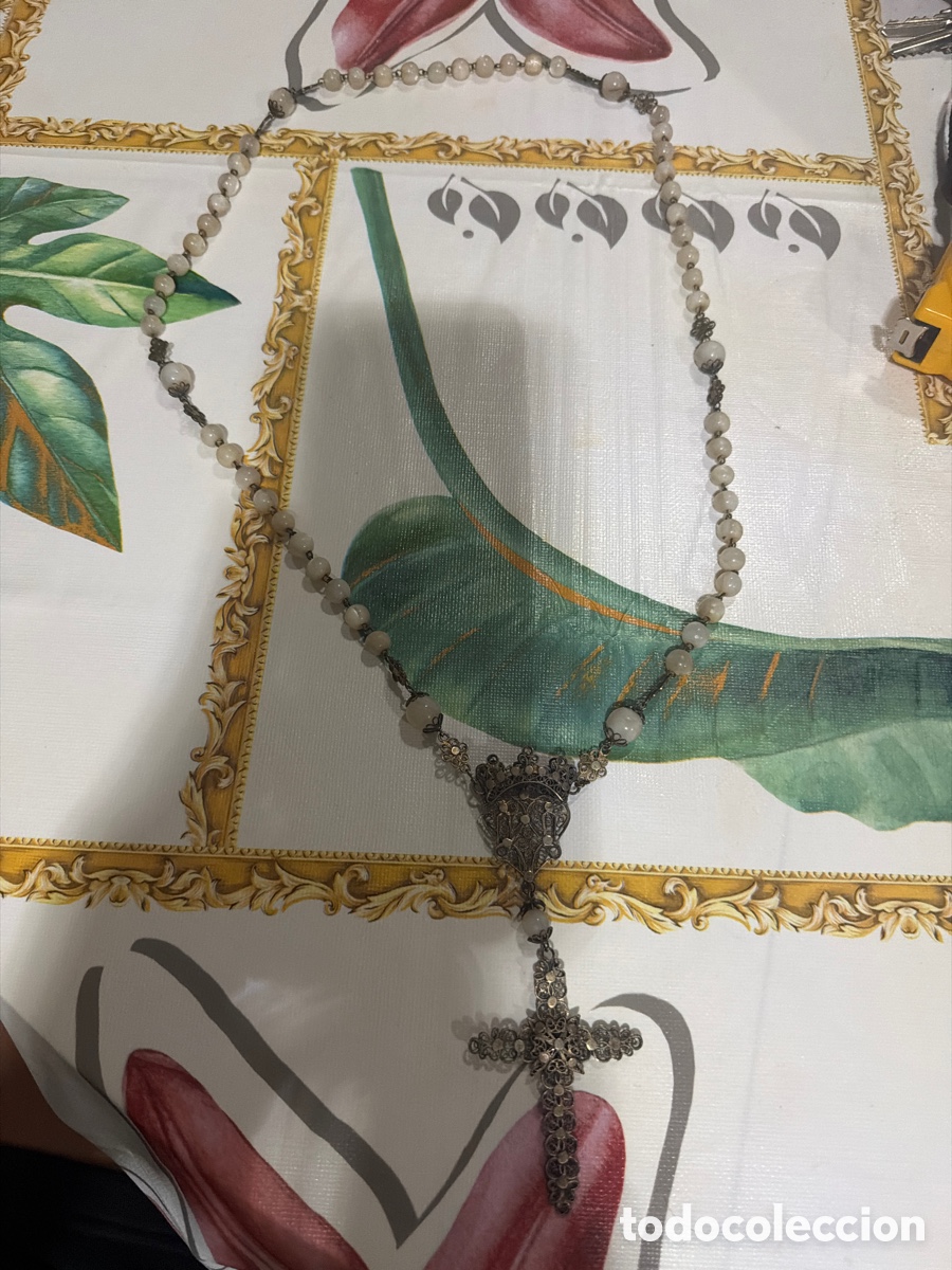 Antig&uuml;edades: Rosario de filigranas de plata y n&aacute;car antiguo