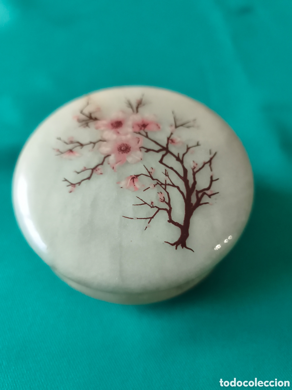 Antig&uuml;edades: Cajita Joyero Vintage de Alabastro Italiano - Flores de Cerezo Pintadas a Mano