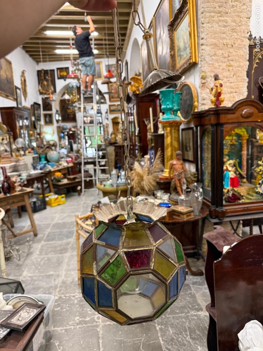 Antig&uuml;edades: ANTIGUA LAMPARA GRANADINA CON CRISTAL DE COLORES - MEDIDA BOLA 23 CM