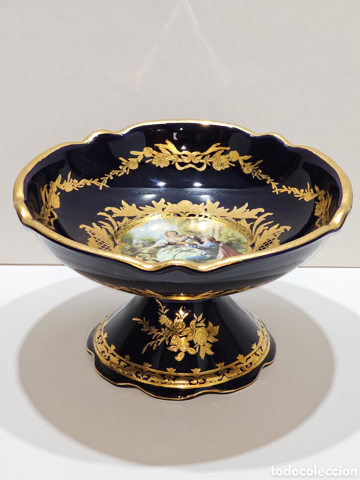 Antig&uuml;edades: Centro de Mesa / Frutero Gran Formato Porcelana Retier Azul Cobalto y Oro (2,3 kg)