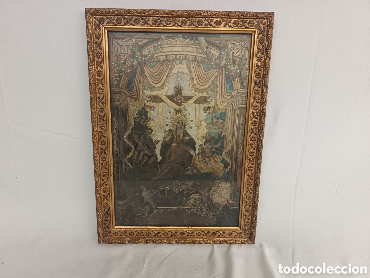 Antiquit&eacute;s: FANTASTICO TRABAJO RELIGIOSO S.XIX, LITOGRAFIA BORDADA VIRGEN DE LAS ANGUSTIAS