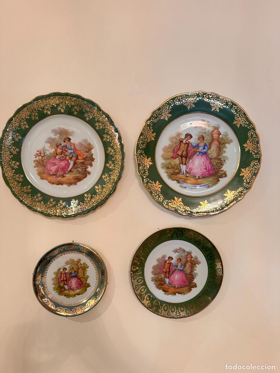 Antig&uuml;edades: Lote 4 platos porcelana Limoges escena galante Fragonard &ndash; Verde y oro &ndash; Para colgar