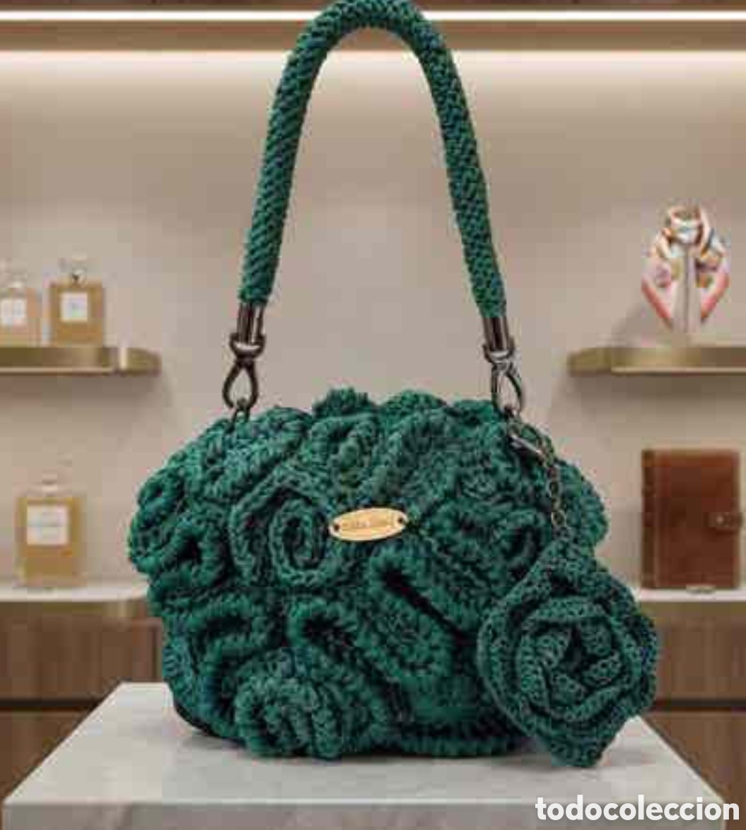 Antig&uuml;edades: Bolso artesanal de crochet &ndash; Encaje irland&eacute;s verde esmeralda &ndash; Flores 3D