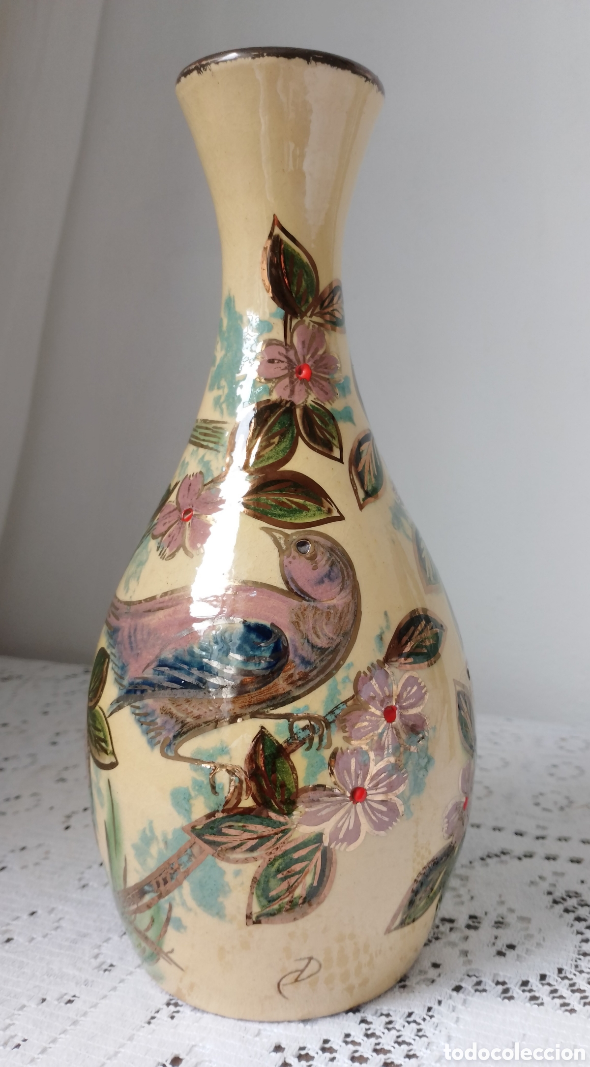Antig&uuml;edades: Jarr&oacute;n Cer&aacute;mica Eusebi D&iacute;az Costa (25 cm) - P&aacute;jaro y Flores - A&ntilde;os 50/60 - Impecable