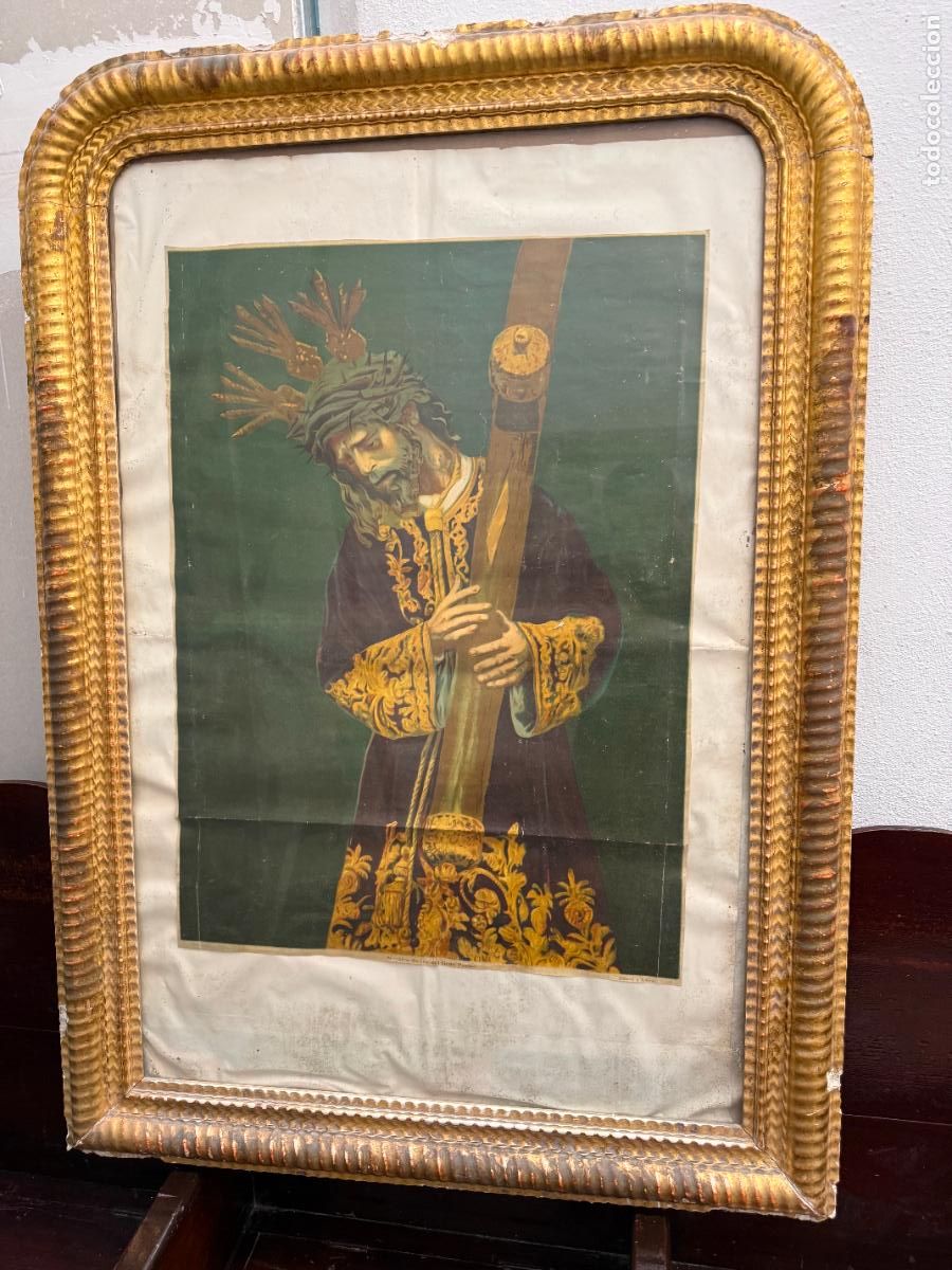 Antig&uuml;edades: ANTIGUA CROMOLITOGRAFIA DE JESUS DEL GRAN PODER CON GRAN MARCO DE MADERA Y ORO FINO - 113X81 CM