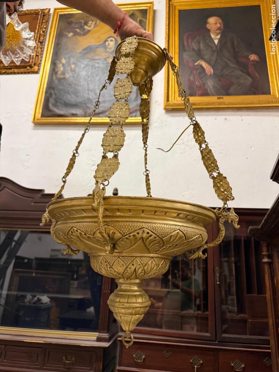 Antig&uuml;edades: ANTIGUA LAMPARA VOTIVA DE ORFEBRERIA - MEDIDAS 70X40 CM - RELIGIOSO - SEMANA SANTA