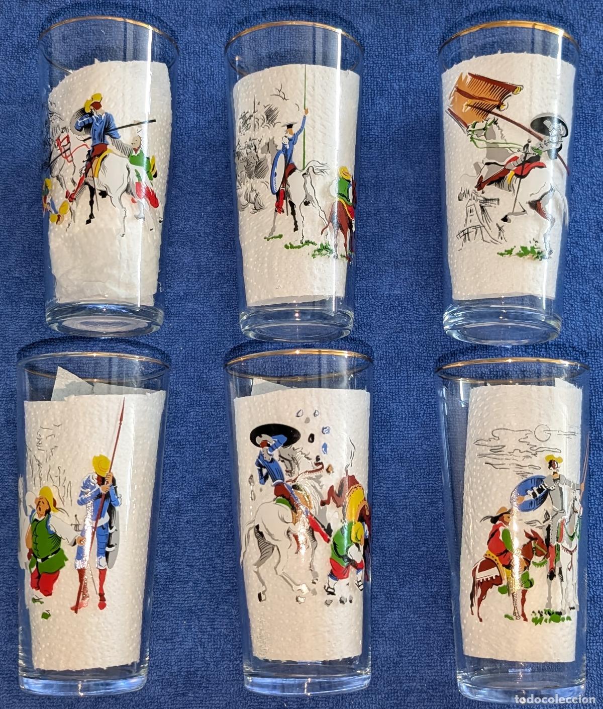Antig&uuml;edades: Lote de 6 vasos vintage con ilustraciones de El Quijote + Regalo &iexcl;Serie completa!