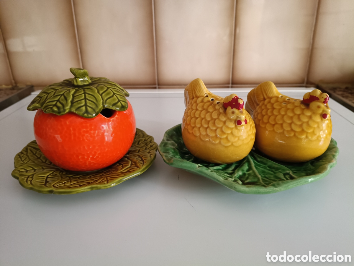 Antig&uuml;edades: SALEROS Y AZUCARERO VINTAGE. CER&Aacute;MICA DECORATIVA de COCINA a&ntilde;os 80 (2 juegos 30&euro;)