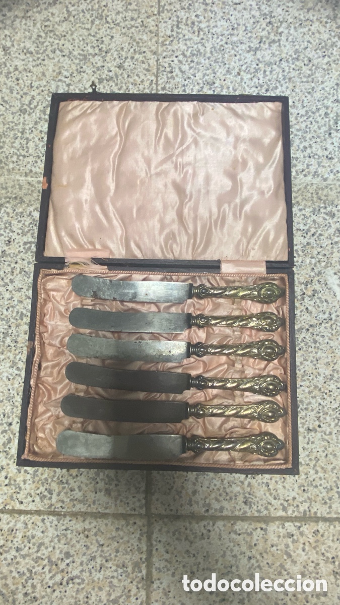 Antig&uuml;edades: Juego de 6 cuchillos antiguos de postre/fruta en estuche original (&Eacute;poca Alfonsina / Art Nouveau)