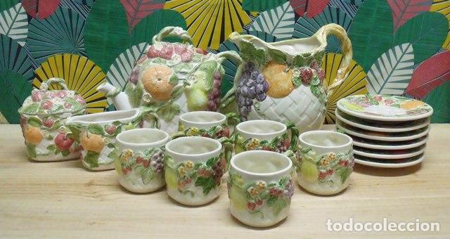 Antig&uuml;edades: Juego Caf&eacute; o T&eacute; Cer&aacute;mica Estilo Frutal Pintado a Mano - Firmado - 6 Servicios