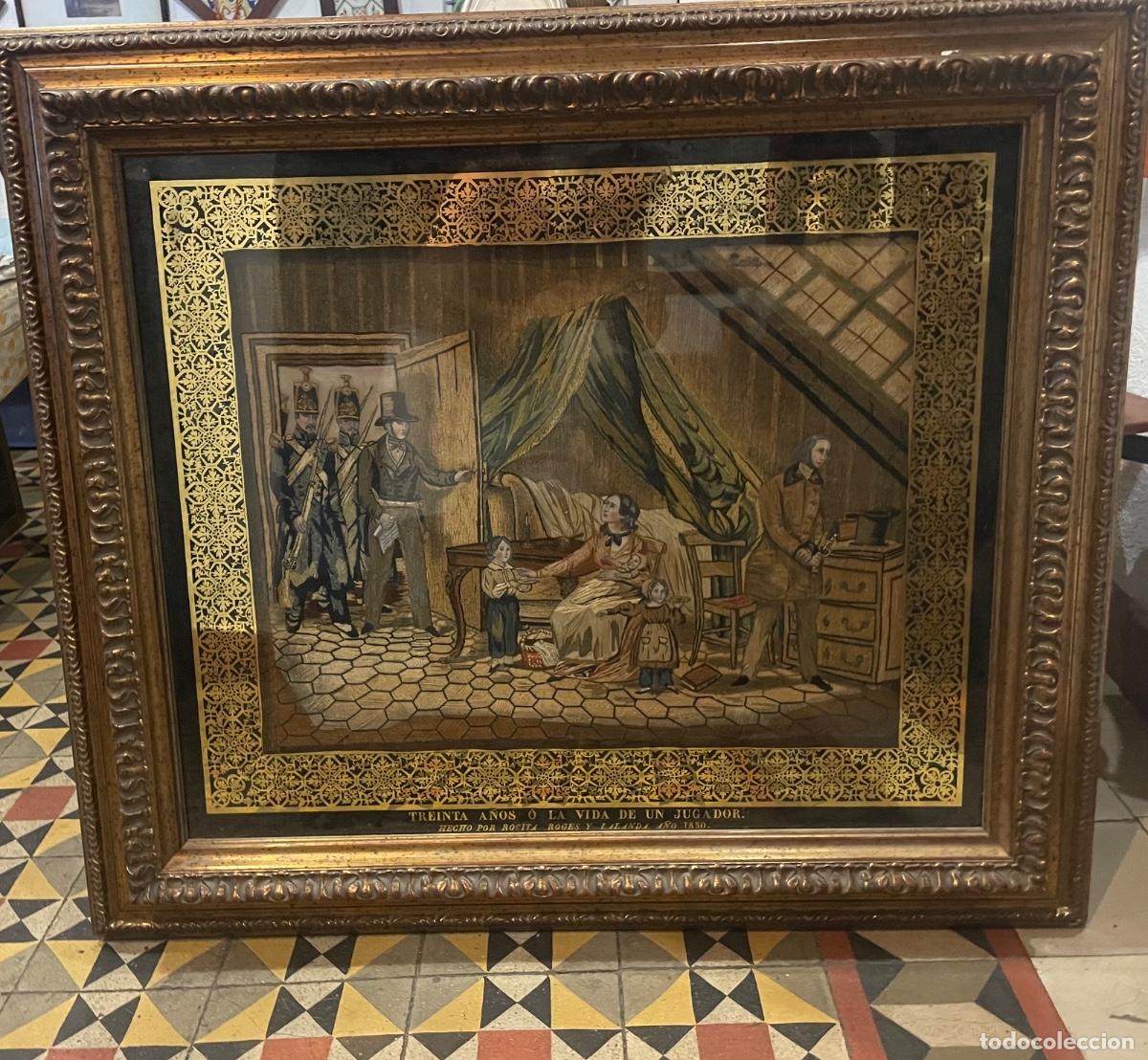 Antig&uuml;edades: ANTIGUO BORDADO 1850 - Y CRISTAL PINTADO - TREINTA A&Ntilde;OS &Oacute; LA VIDA DE UN JUGADOR , HECHO POR ROSITA