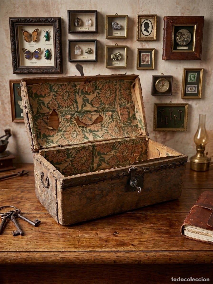 Antig&uuml;edades: Antigua Arca de Madera y Cuero - Ba&uacute;l Cofre Antiguo con Herrajes de Hierro Forjado. Siglo XVIII-XIX